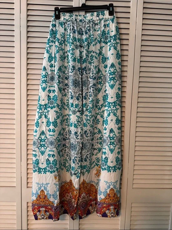NWT Johnny Was XL Boho Floral Maxi Skirt in Teal & Ivory with Multicolor Border - Picture 3 of 6